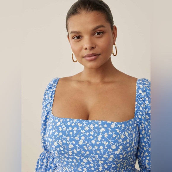 Reformation Mica ES Floral Marie Square Neck Maxi Dress Blue Size 16 NEW - Picture 3 of 10